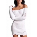 Simple Plain Off Shoulder Long Sleeve Ripped Detail Knitted Dress