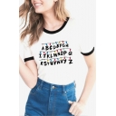 Simple Letter Alphabet Printed Round Neck Contrast Trimmed Short Sleeves Summer Tee