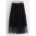 Fashionable Lace Mesh Insert Elastic Waist Simple Plain Skirt