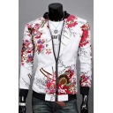 Chic Floral Print Stand-Up Collar Long Sleeve Slim-Fit Zipper Jacket