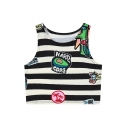 Casual Round Neck Cartoon Printed Monochrome Striped Cropped Tank Top