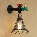 Industrial Wall Sconce with Valve and Metal Cage in Black