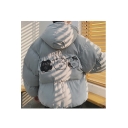 Stylish Cat Cartoon Pattern Long Sleeves Zippered Hooded Quilted Coat with Pockets