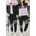Fashionable Unisex Letter Color Block Long Sleeves Button-Down Baseball Jacket with Striped Joggers