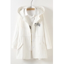 Leisure Letter Embroidery Elastic Waist Drawstring Hooded Long Trench Coat with Pockets