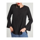 Fashion Round Neck Long Sleeve Flared Cuff Simple Plain Blouse