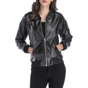 Simple Plain Faux Leather Zipper Long Sleeve Stand-Up Collar Jacket