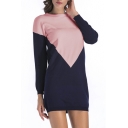 New Fashion Color Block Print Long Sleeve Round Neck Knitted Mini Dress
