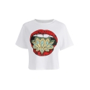 Unique Mouth Tropical Floral Pattern Short Sleeves Round Neck Cropped T-shirt