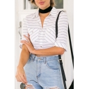 Vacation Style Point Collar Button Down Half Sleeves Chest Pockets Striped Cropped Shirt