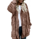 Fashionable Open Front Long Sleeves Hooded Longline Faux Fur Fluffy Coat