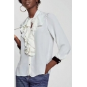 Trendy Ruffly Front Button Down 3/4 Sleeves Contrast Cuffs Stand-up Collar Blouse