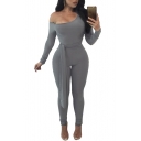 Sexy Plain Slash Neck Long Sleeve Knotted Waist Fashion Skinny Jumpsuit