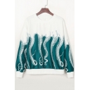 Unique Color Block Octopus Printed Round Neck Long Sleeve Pullover Sweatshirt