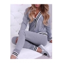 Sexy V-Neck Long Sleeves Striped Trimmed Slim-Fit Co-ords