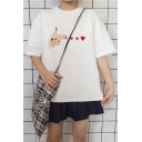 Chic Hand Heart Shape Embroidered Round Neck Short Sleeve Loose Tee