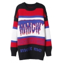Retro Color Block Letter Print Long Sleeve Round Neck Pullover Sweater