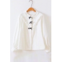 Elegant Pleated Neck Long Sleeves Bow Button Down Ruffle Lace Insert Blouse