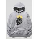 Casual Lion Crown Print Long Sleeve Hoodie with Pocket