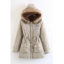 Stylish Letter Applique Drawstring Waist Zippered Faux Fur Trimmed & Padded Long Coat with Hood & Pockets
