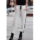 Casual Striped-Side Attached Straps Elastic Waist Loose Joggers