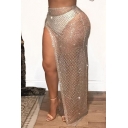 Sexy Sheer Mesh Sequined Split Side Maxi Skirt