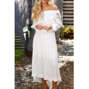 Chic Simple Plain Off The Shoulder Hollow Out Long Sleee Shift Maxi Dress