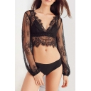 Sexy V-Neck Lace Inserted Long Sleeve Cropped Cover Up Swimwear