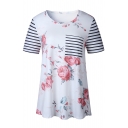 Women's Floral Print Striped Round Neck Short Sleeve Tunic Tee