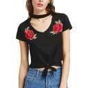 Trendy Rose Floral Pattern V-Neck Choker Short Sleeves Bow Tie-Front Cropped Tee