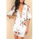 Summer's Fashion Half Sleeves Plunge Neck Attached Lacing Floral Pattern Bodycon Mini Dress