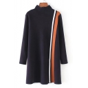 Simple Collared Color Block Long Sleeve Knit Mini Dress