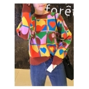 New Arrival Color Block Heart Print Round Neck Long Sleeves Sweater