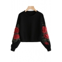 Fancy Floral Embroidered Long Sleeves Round Neck Pullover Cropped Sweatshirt