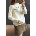 Floral Embroidered Mock Neck Ruffle Cuff Long Sleeve Pullover Sweater