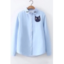 Casual Cat Embroidered Collared Button-Down Long Sleeves Fur-Padded Shirt