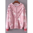 Adorable Allover Swan Pattern Ruffled Long Sleeves Zippered Hooded Cardigan with Pockets