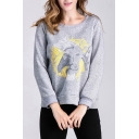 Casual Lion Graffiti Pattern Round Neck Long Sleeves Pullover Sweatshirt