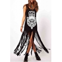 Fashionable Hand Tribal Printed Scoop Neck Monochrome Split Tasseled Hem Tank Shift Maxi Dress