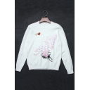 Fashionable Sequined Swan Pattern Long Sleeve Round Neck Pullover Sweater