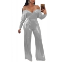 Party Style Off the Shoulder Long Sleeves Wrap Front Tie Waist Wide Leg Maxi Jumpsuit