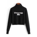 Chic Roll Neck Long Sleeves Letter Pattern Cropped Pullover Winter Sweater