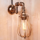 Industrial Pipe Wall Sconce with Metal Cage in Rust Finish