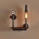 Industrial Wall Sconce with Pressure Gauge and Wooden Shelf in Black