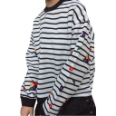 Chic Striped Floral Print Long Sleeve Round Neck Pullover Sweatshirt