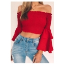 Sexy Off Shoulders Bell Long Sleeves Falbala Trimmed Cropped Ruffly Cropped Top