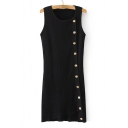 New Stylish Button Side Simple Plain Round Neck Knitted Tank Dress