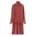 Warm High Neck Pom Pom Detail Long Sleeve Midi Sweater Dress