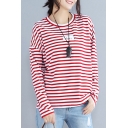 Simple Letter Striped Print Long Sleeve Round Neck Tee