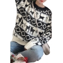 Trendy Geometric Animal Pattern Round Neck Long Sleeves Pullover Ribbed Knitted Sweater